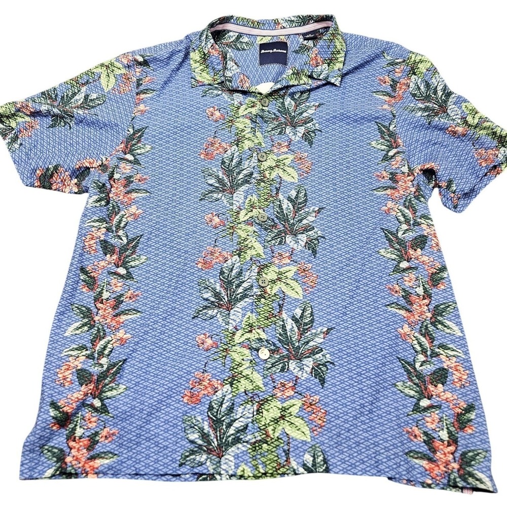 Tommy Bahama Silk Shirt Mens L Blue Floral Tropical Camp Aloha Hawaiian Resort